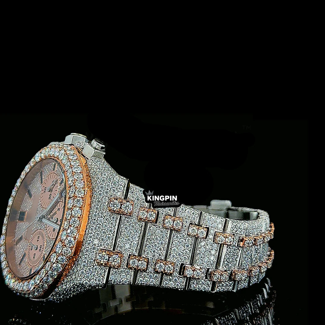 Luxury Audemars Piguet chronograph bustdown wristwatch in gold iced out with moissanite and lab diamonds