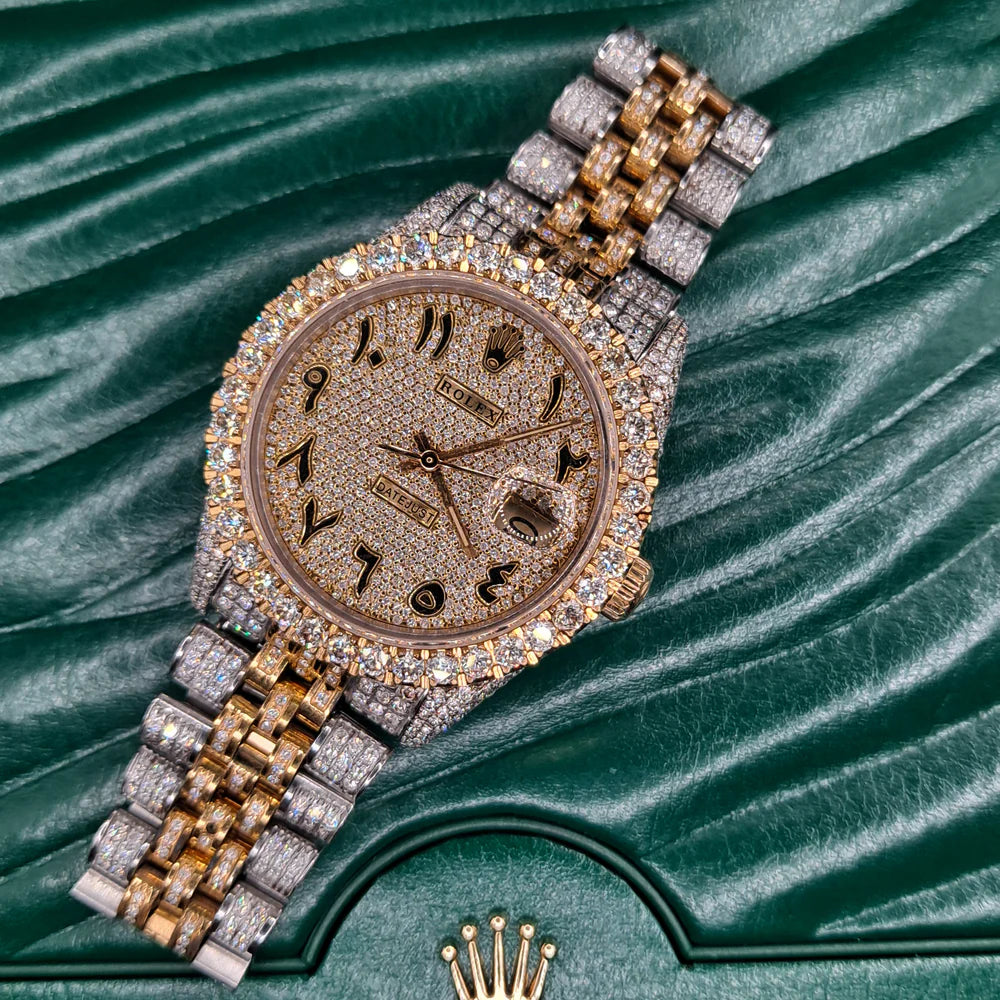 Close Up of Rolex Style Two Tone Moissanite Watch with Arabic Dial – Kingpin Lux