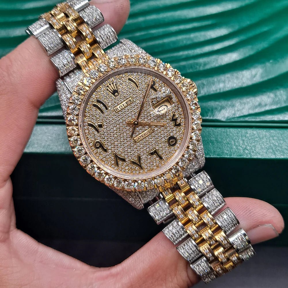 Side View of Gold and Silver Moissanite Watch Featuring Arabic Dial – Kingpin Lux