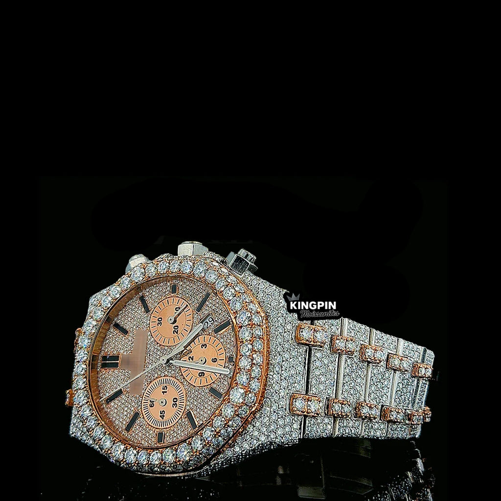 Gold AP chronograph bustdown watch featuring moissanite stones and lab diamond setting