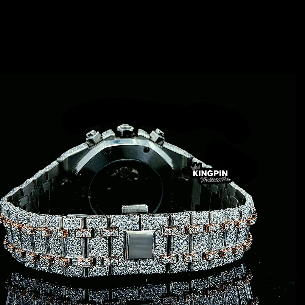 Fully iced AP gold chronograph bustdown watch set with moissanite and lab diamonds