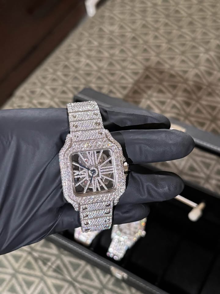 Cartier skeleton iced out bustdown watch with Moissanite lab diamond details