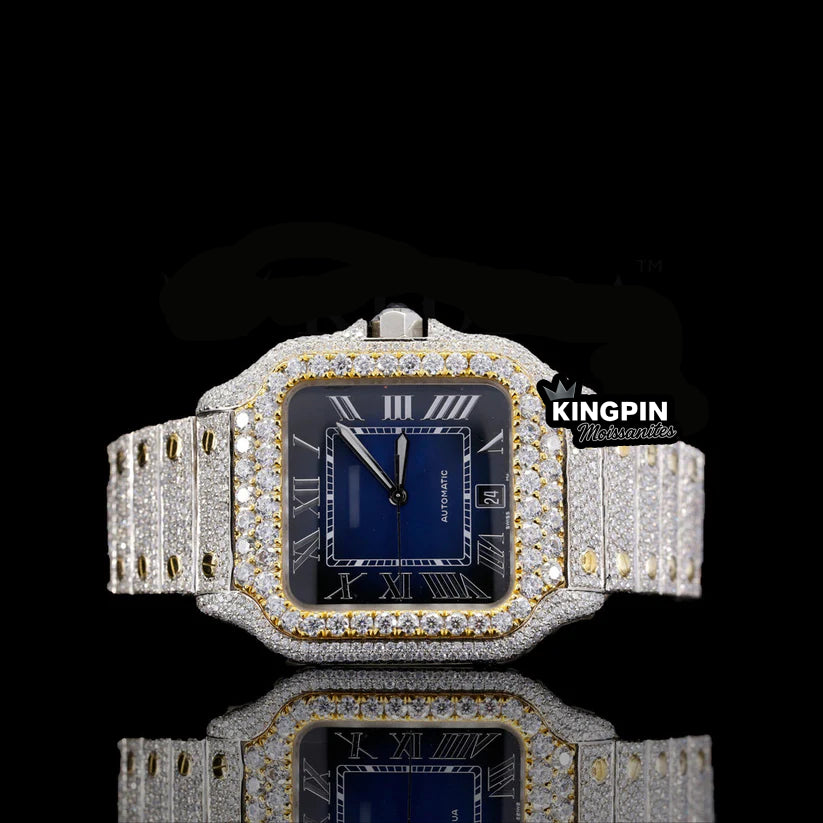 Cartier Blue Dial Iced Out Lab Diamond Moissanite Watch