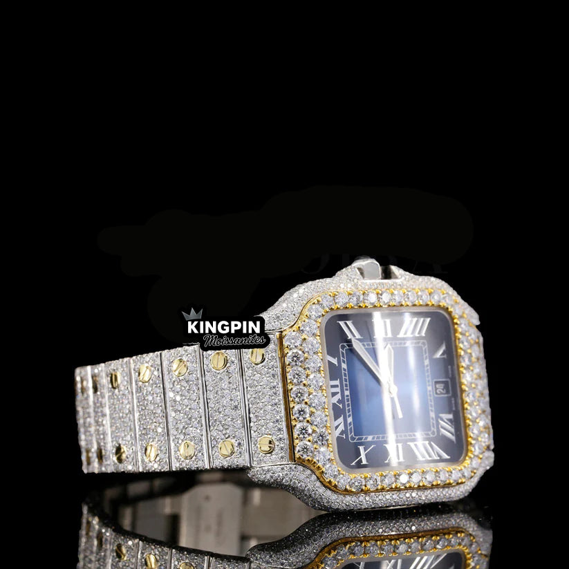Cartier Blue Dial Iced Out Lab Diamond Moissanite Watch