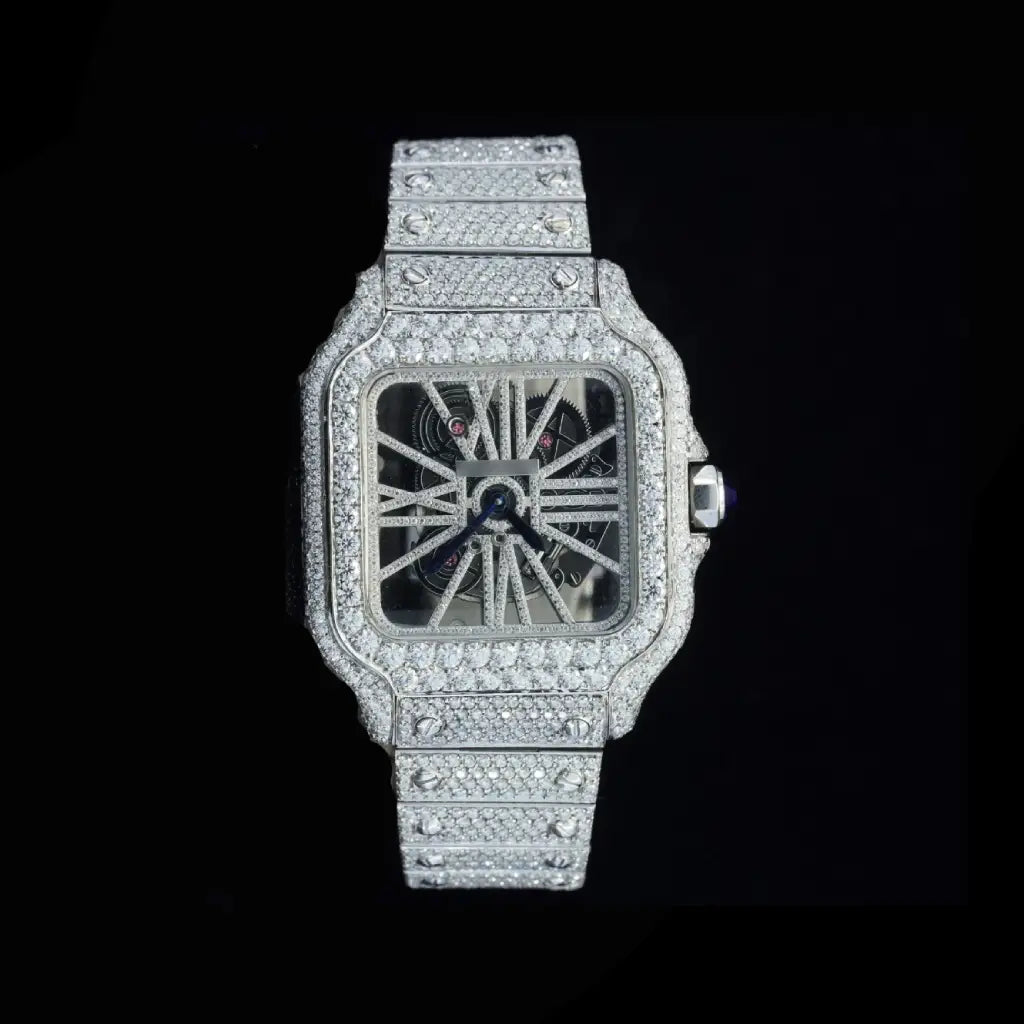 Exclusive Cartier iced out skeleton watch with Moissanite lab diamond shine