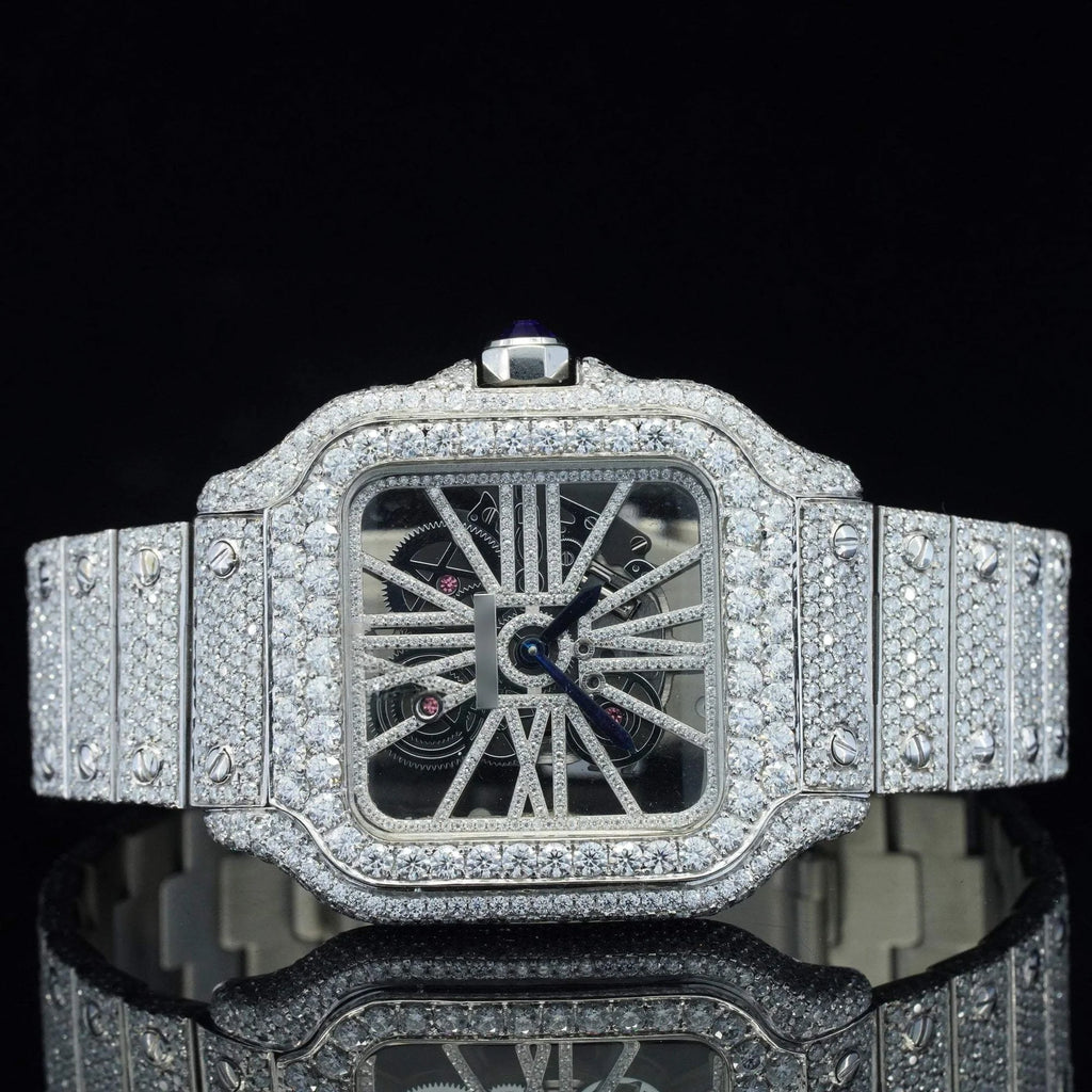 Luxury Cartier iced out skeleton timepiece featuring Moissanite and lab diamonds