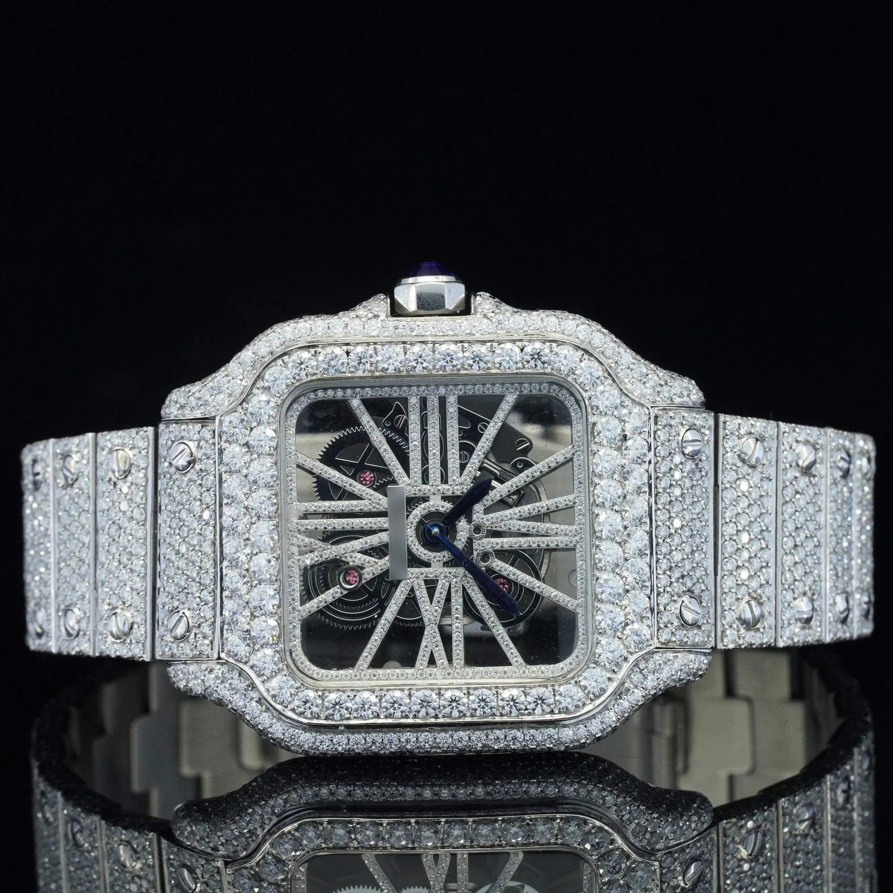Luxury Cartier iced out skeleton timepiece featuring Moissanite and lab diamonds